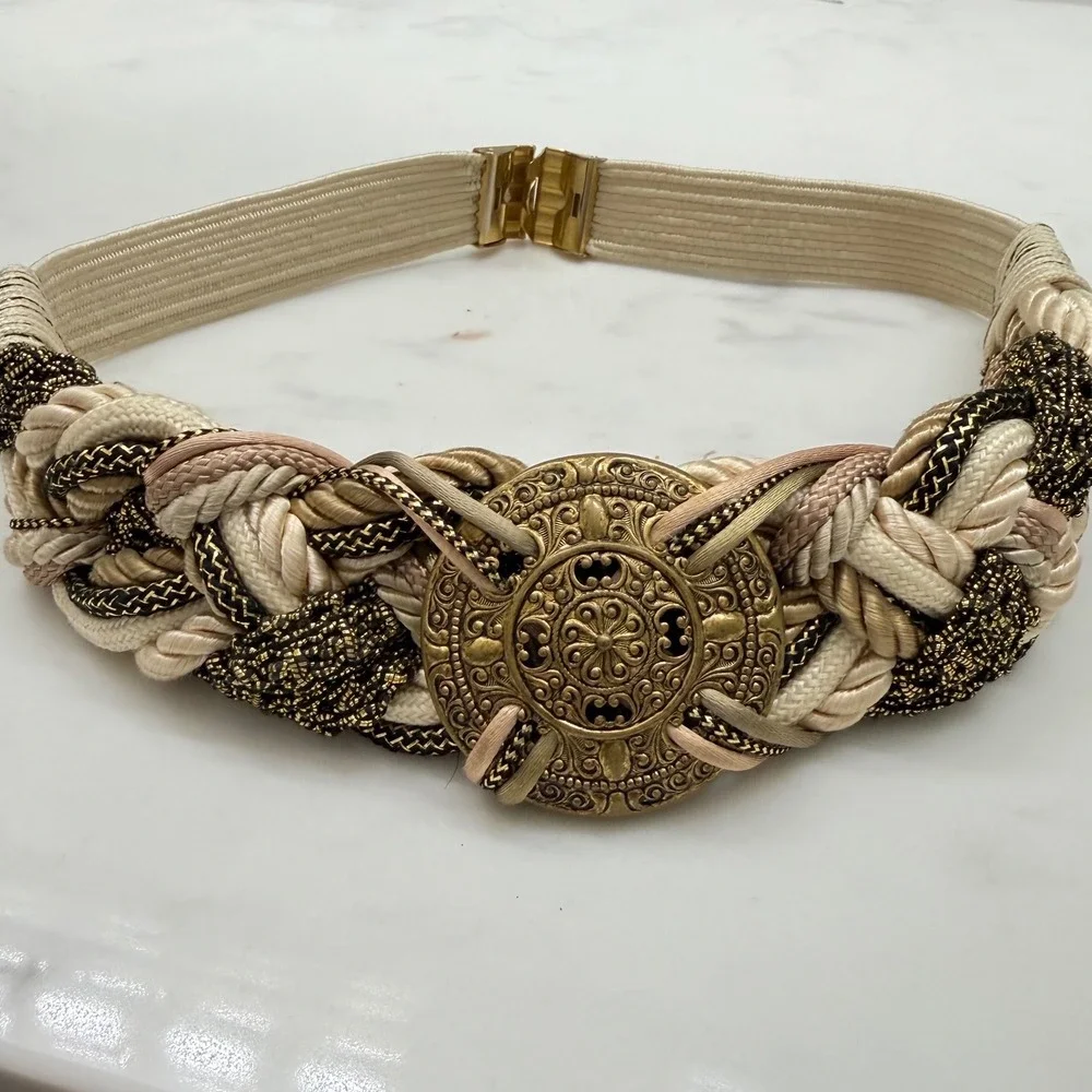 Vintage Braided Rope Statement Belt Gold‎ Medallion Elastic Boho Waist Belt